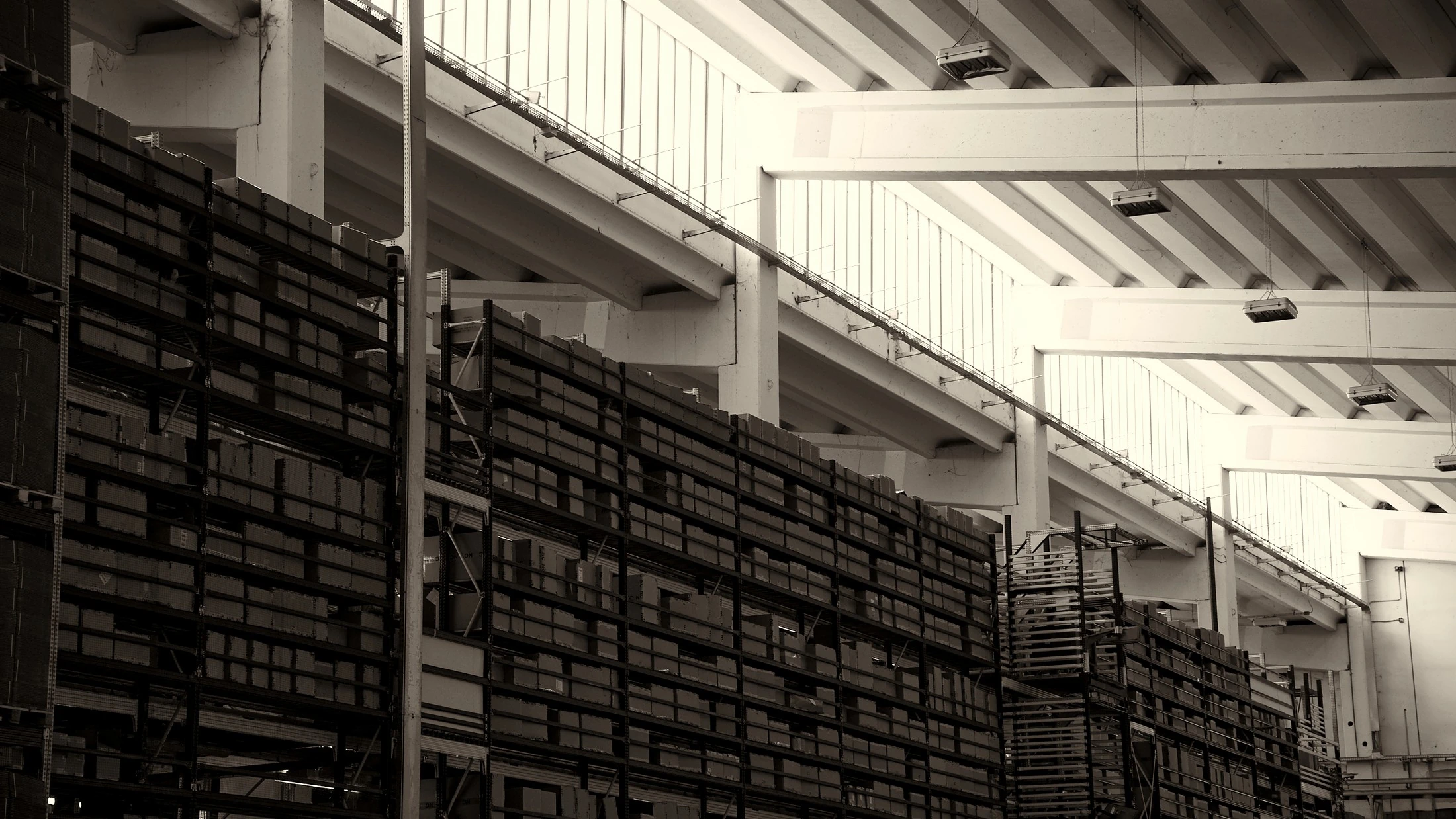 Multi-level high-bay racking viewed from below inside a bright group distribution centre, in black and white